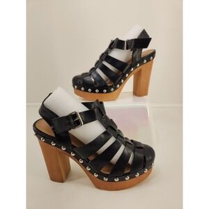 Nine West Black Leather Wooden Platform Sandals Women's 7.5